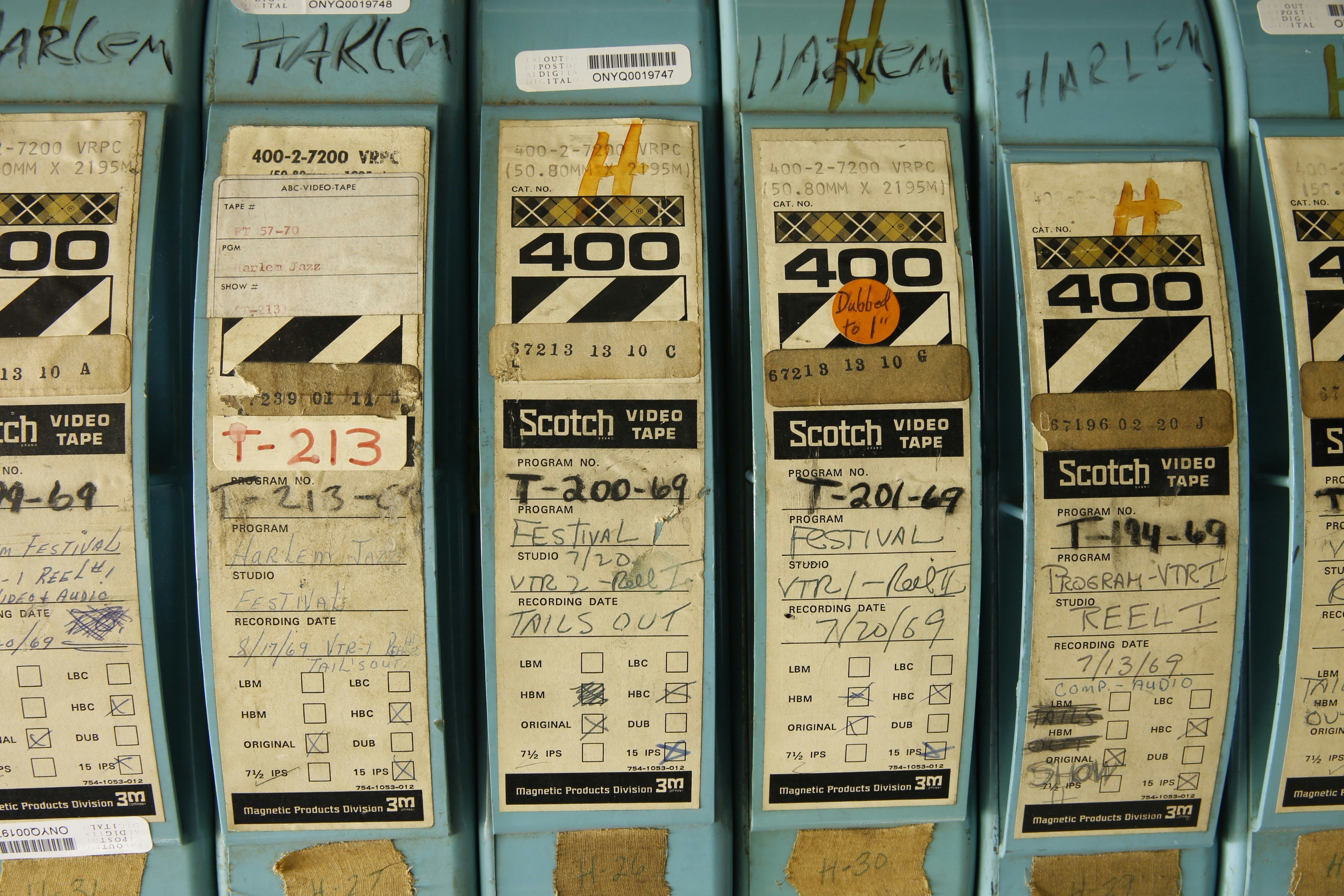 Original Harlem Cultural Festival 1969 video tape reels. Photo by Kate Glicksberg.